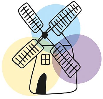 Illustration einer Mühle, im Hintergrund drei Kreise in pastelligem lila, gelb und blau